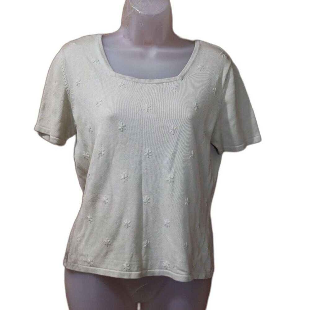 Wasserman Vintage Cream Silk Cotton Knit Top Short Sleeve Beaded Floral M
